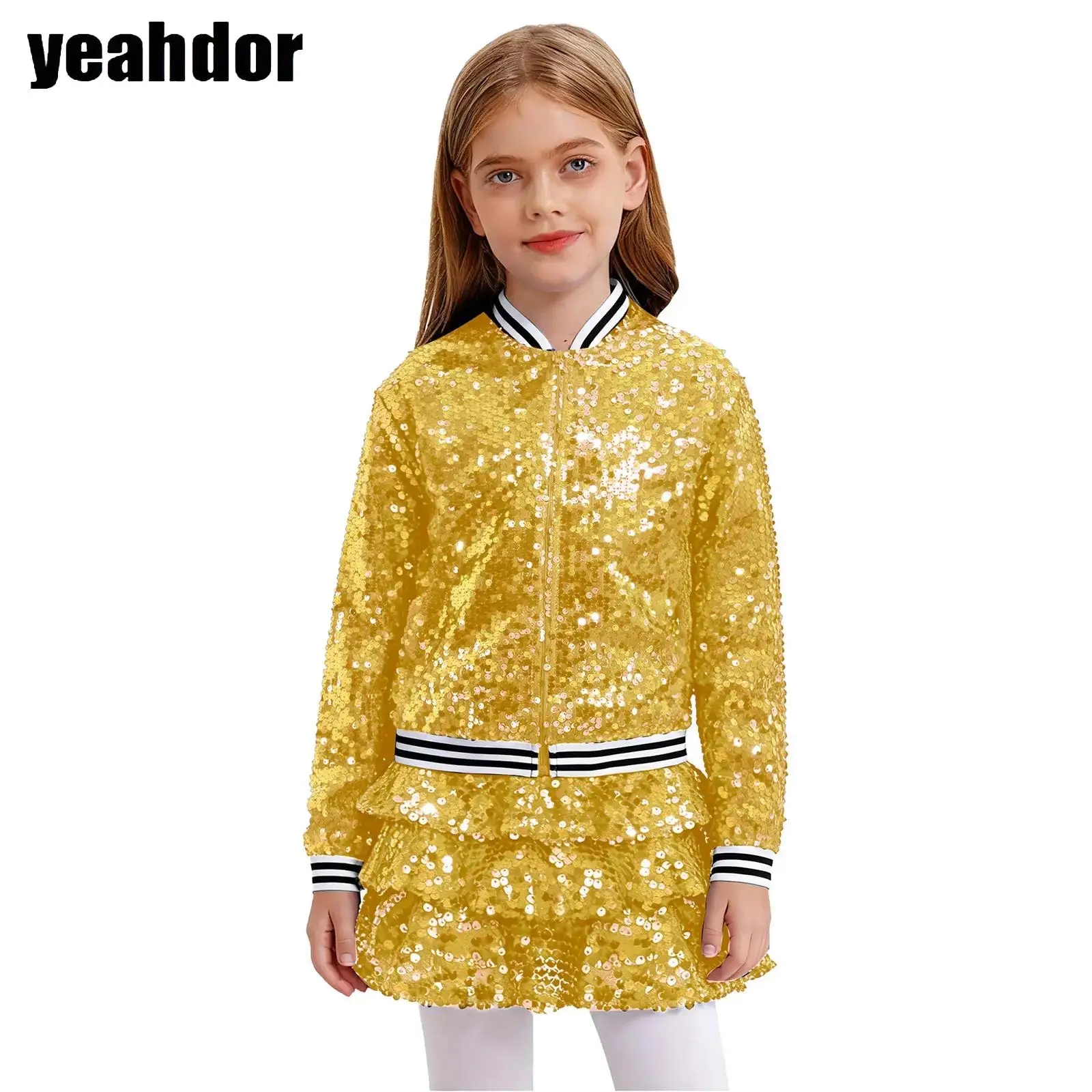 

Girls Shiny Sequins Jazz Dance Outfits Glitter Baseball Jackets Outerwear with Skirted Shorts Culottes Hip Hop Dance Costumes
