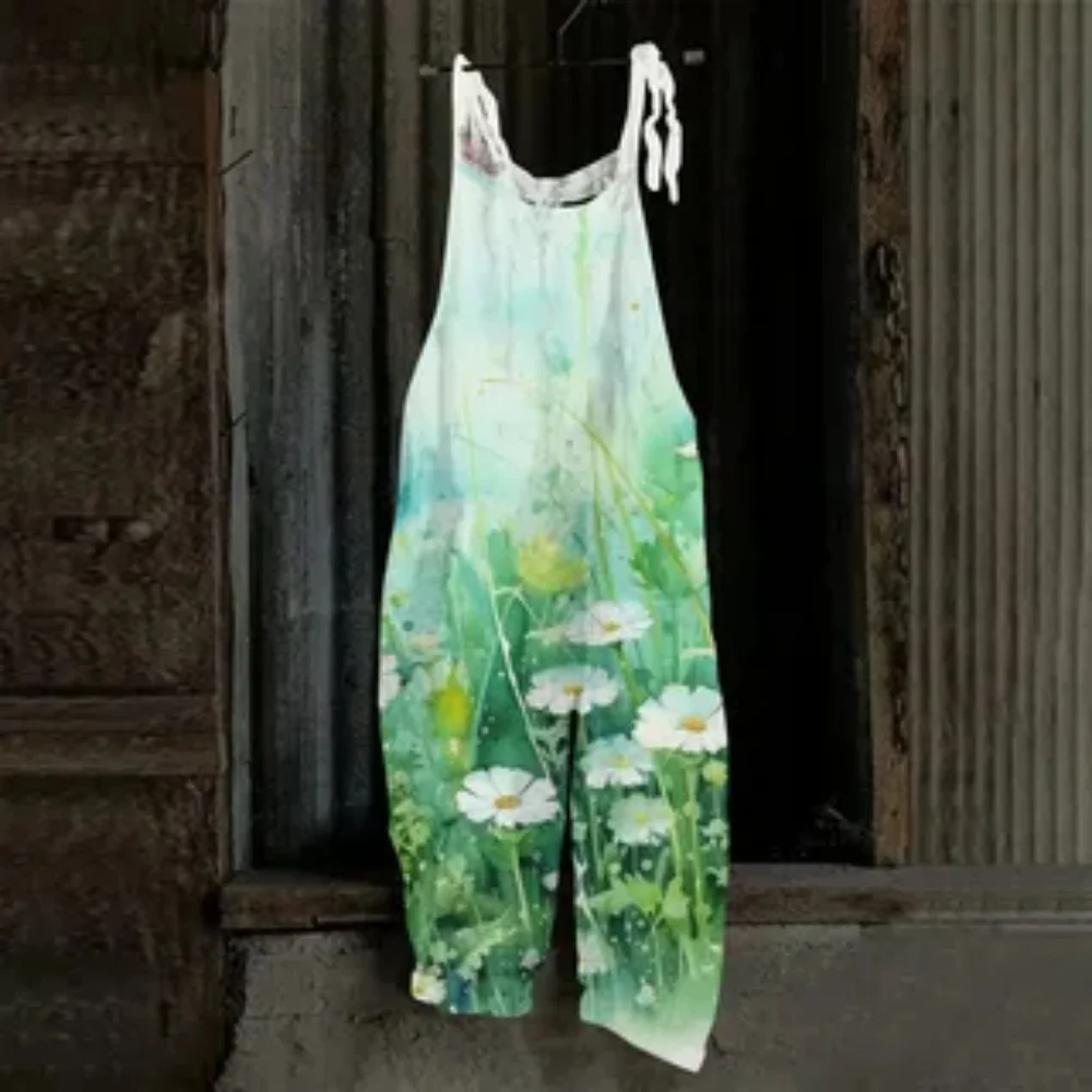 Summer 2025 women's jumpsuit, 3D green country style printed fashionable and laid-back jumpsuit, adjustable shoulder straps