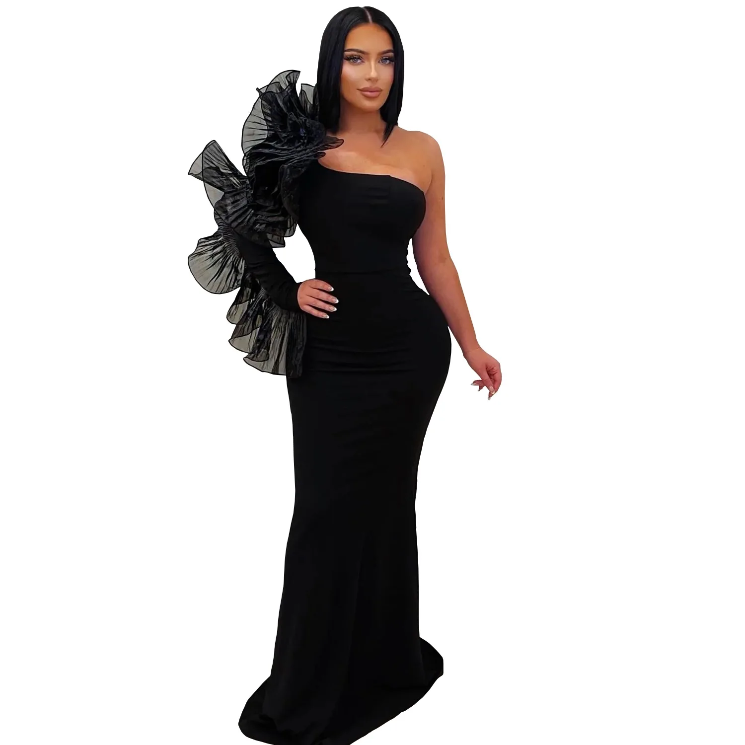 2026 New Black Ruffle Sexy One Shoulder Sleeve Dress Evening Dress Elegant Mermaid Long Order Wedding Ball Party Dress