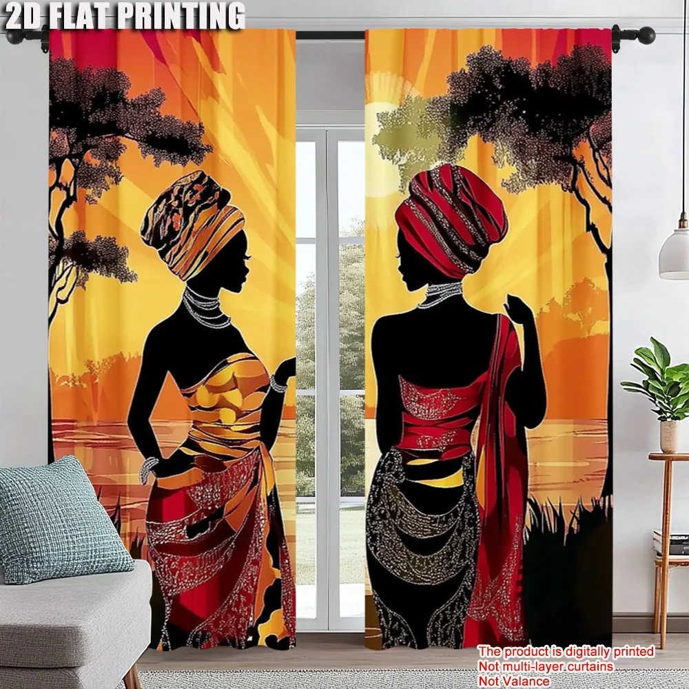 

2Pcs African Window Curtains For Bedroom And Living Room Polyester Material Rod Pocket Design Decorative Window Drapes Home