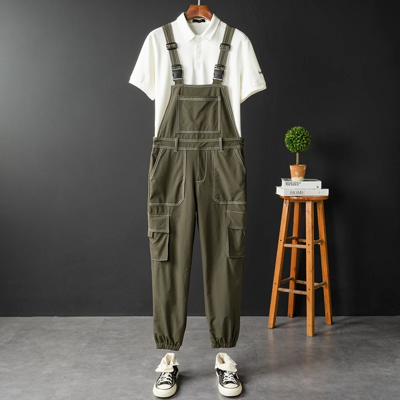 

Casual Japanese Sle Work Pants Men's Multi-ket Elastic Waist Cargo orts Summer Thin Strap Military een Loose Fit Lon...