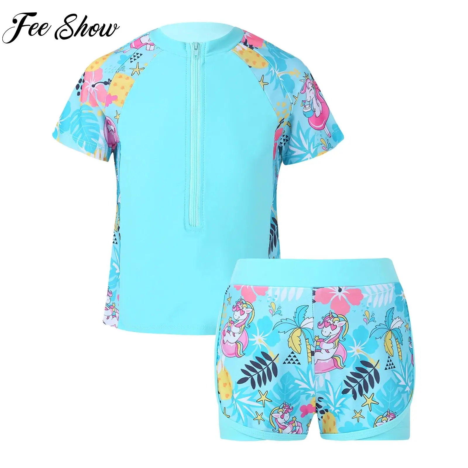 

2pcs Kids Girls Print Surfing Short Sleeves Front Zippered Tops with Swim Shorts Sun Protection Rash Guard Wetsuits Swimwear