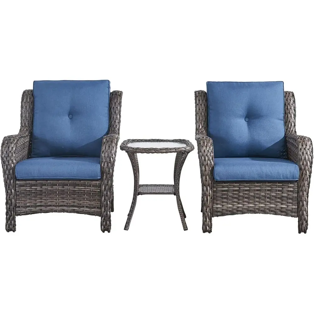 

3-Piece Outdoor Wicker Bistro Set with 2 Chairs and Side Table in Mixed Grey/Blue for Patio, Garden, or Balcony