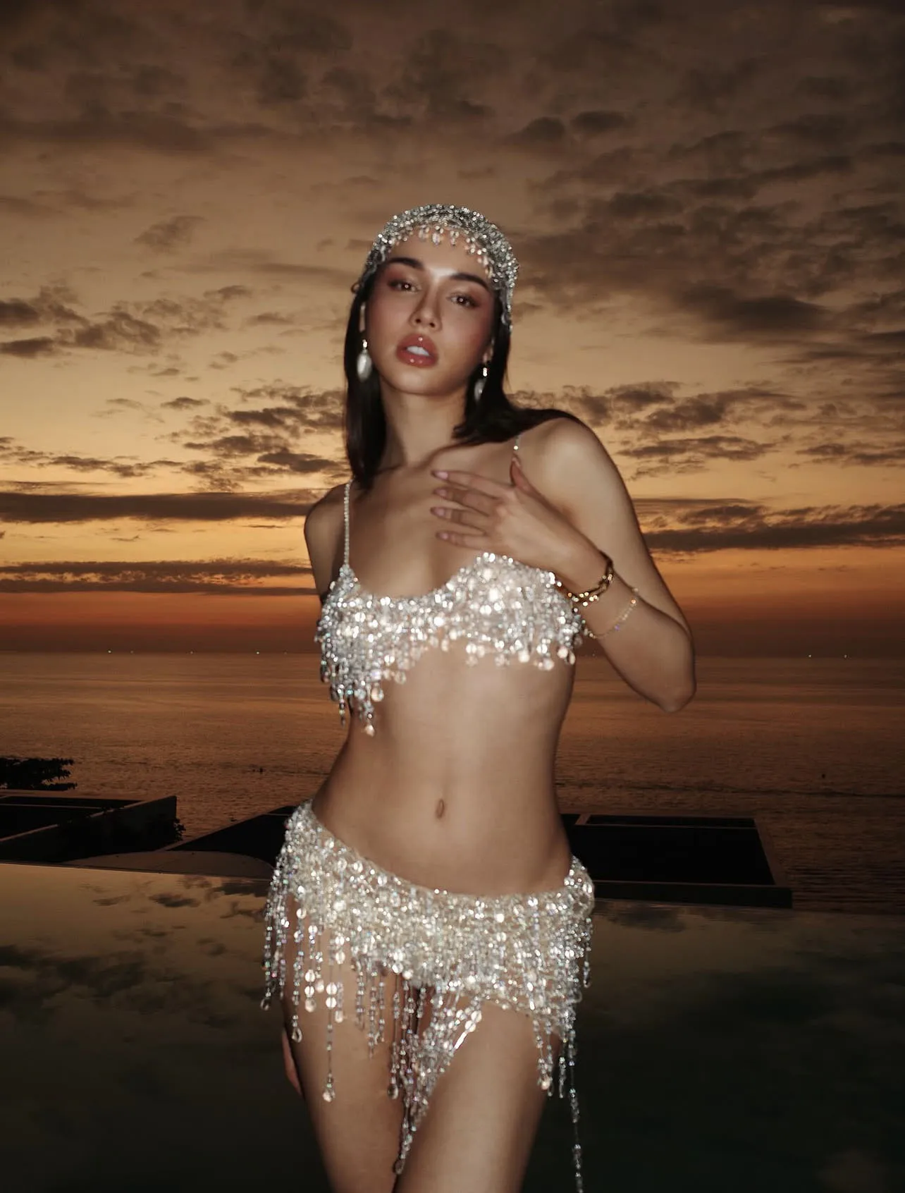 GG  Handmade Shiny Beaded Bra Top Bikini Set Women Swimsuit Sexy Tassel Bikini Cover Up Beach Long Wrap Swimwear
