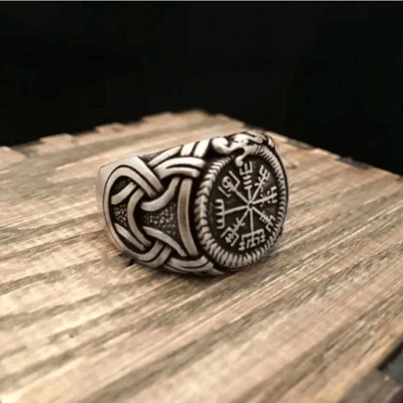 Vintage Nordic Myth Viking VEGVISIR and JORMUNGANDR Rings High Quality Zinc Alloy Compass Ring Viking Amulet Jewelry Men's Gift