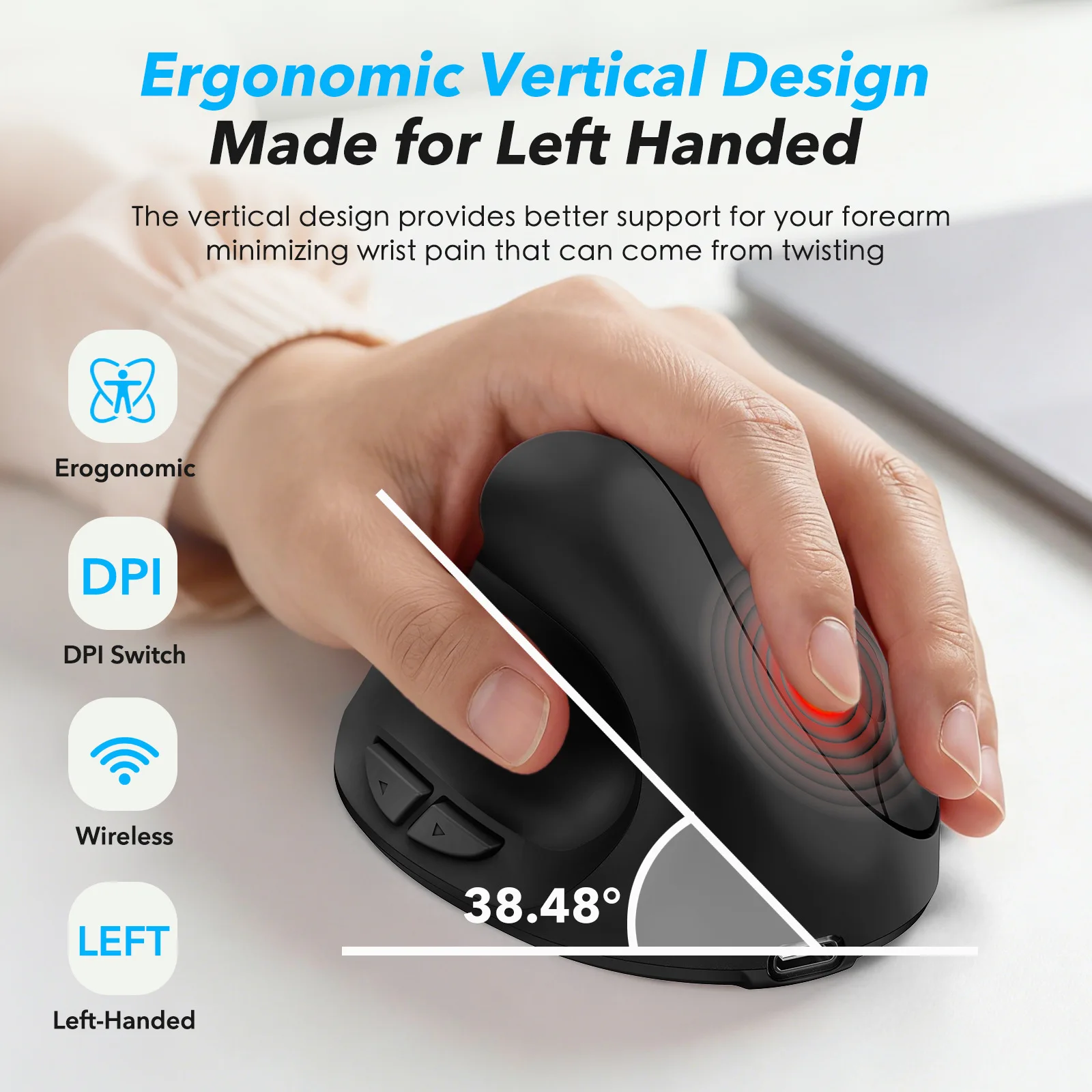 Ergonomic Mouse Vertical - 왼손잡이용 수직 인체공학적 디자인 무선 2.4G