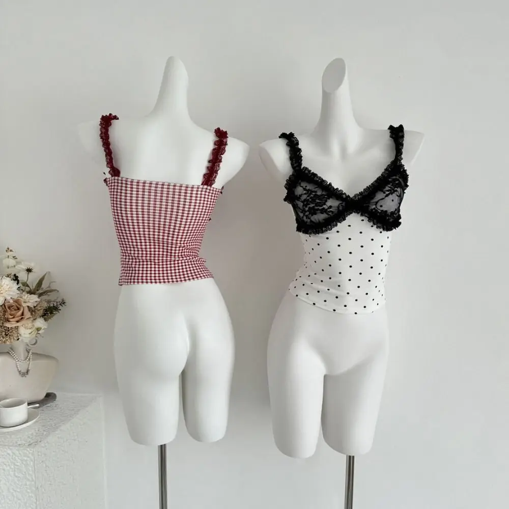 

Fashion Spicy Girl Style Sleeveless Crop Top V Neck Mesh Dot Women Suspender Top Sweet Slim Fit Lace Camisole with Pads Girl