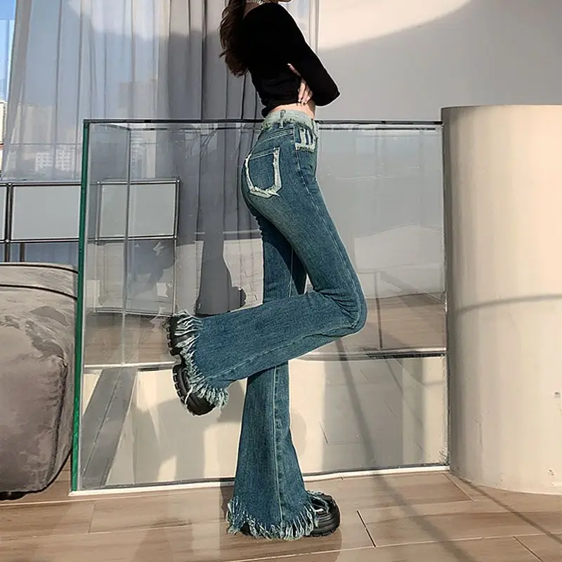

2026 New Women's Horseshoe Jeans Micro Flare Denim Pants Vintage Tassel Y2K Streetwear Slim Fit Floor Length Trouser