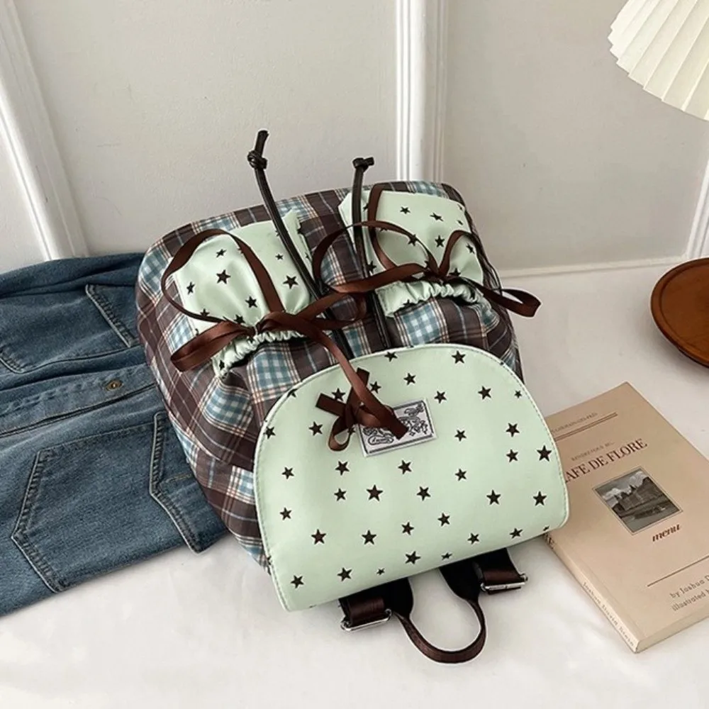 Sweet Bow Double Shoulder Bag Plaid Pattern Contrast Color Student Schoolbags Vintage Grid Pattern Mint Green Small Backpack