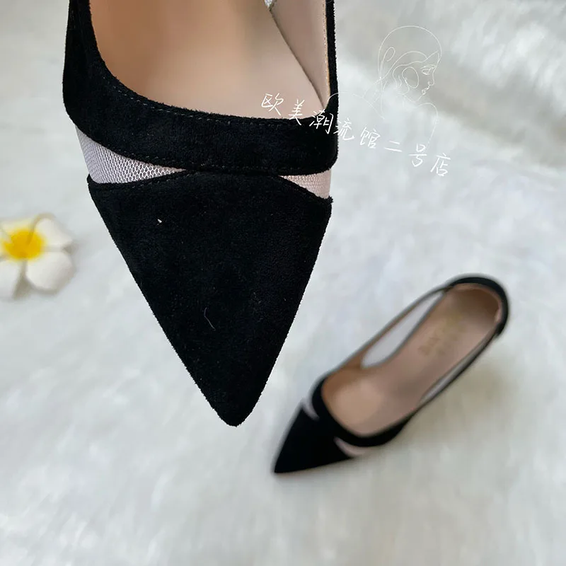 Hot sale TOMONYE black suede with white mesh plus size 44, 45, 46 small size 33 12cm high heel shoes pump women shoes on sale