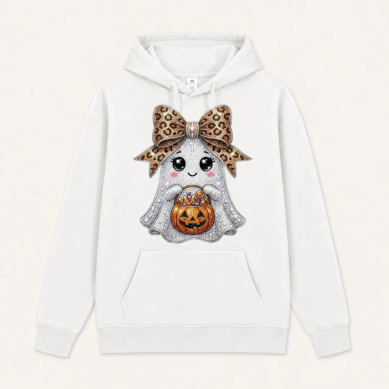 Spooky Season Hoodie Women Cute Ghost Sweatshirt Rhinestone Pumpkin Graphic Pullover Cozy Fall Winter Casual Tops Halloween Gift