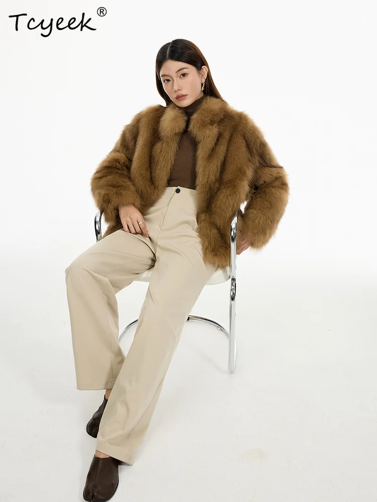 Tcyeek 리얼 울 가을 겨울 고급 트렌디 폭스 퍼 스탠드 칼라 솔리드 컬러 여성용 울 시어링 퍼 코트 여성용 모피 코트