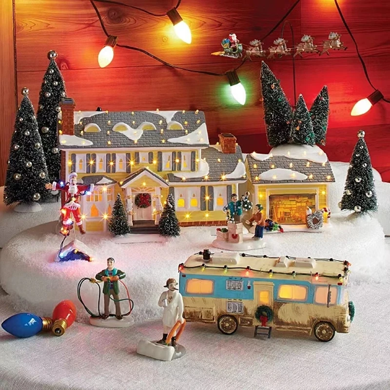 Christmas House LED Light Wooden House Luminous Cabin Snowman Doll Christmas Village Scene Ornament Christmass Decoration Craft