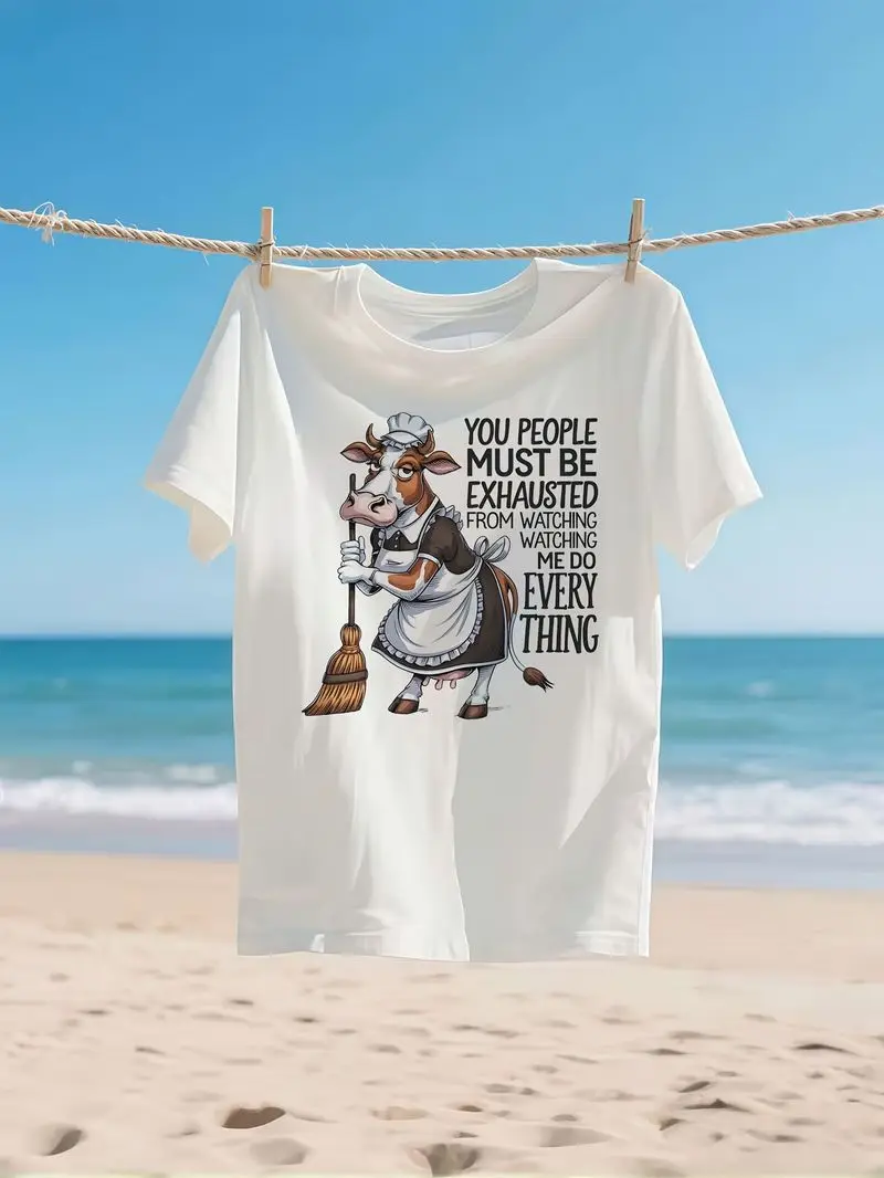 Graphic Print T-Shirt 180G 100% Cotton Featuring A Cartoon Cow Great For Dates Working Gift For Mother's Day Easter And Summer