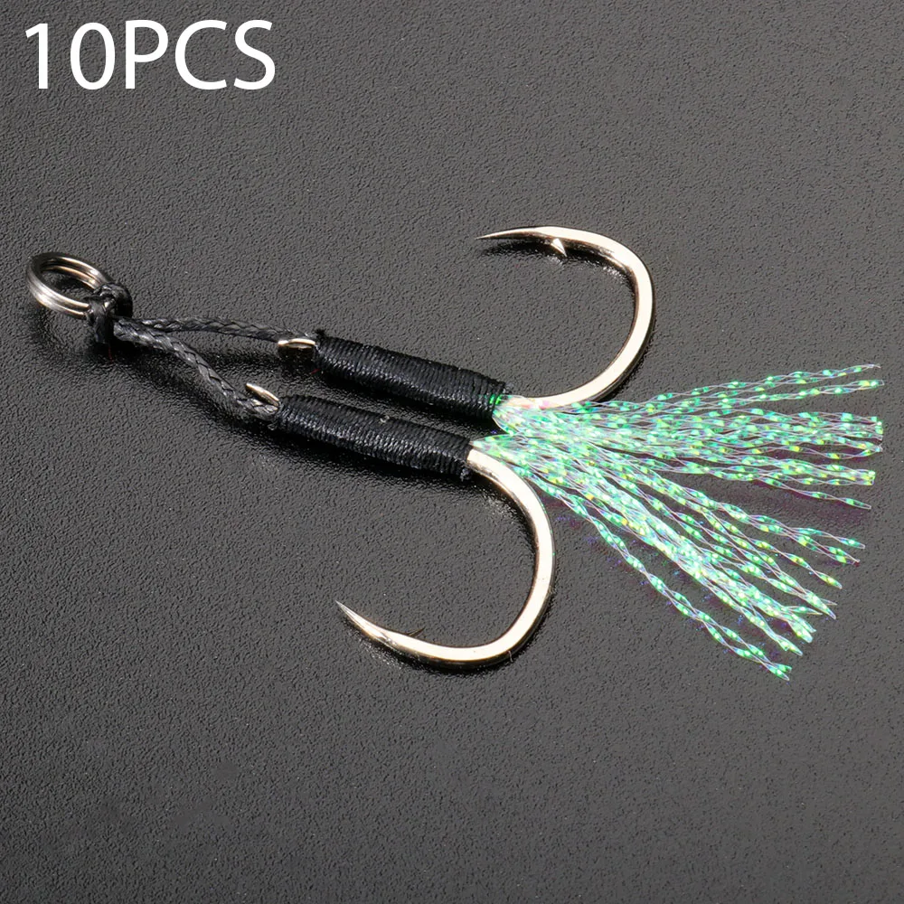 10 Pairs Cast Jig Assist Hook High Carbon Steel Angle Barbed Thread Feather Fishing Tackle Slow Jigging Tool Pesca Lure Fishhook