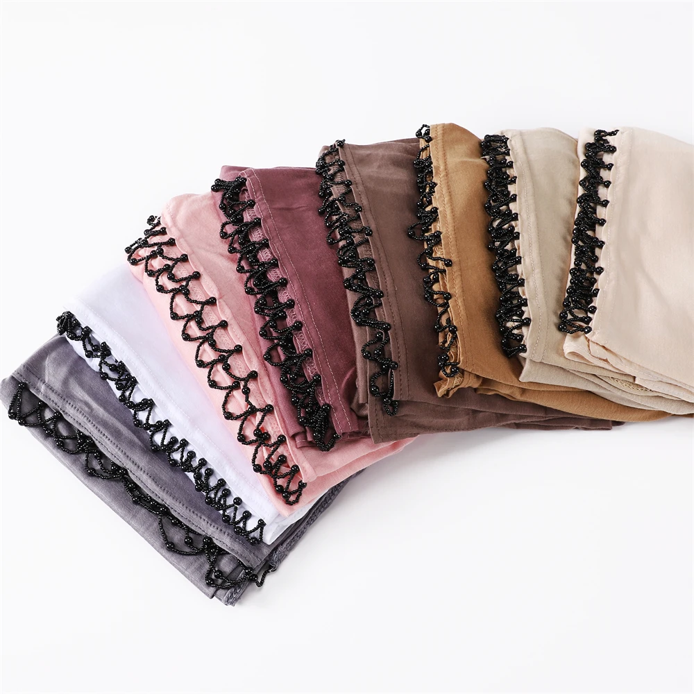 Handmade Beads Hijabs Mercerized Cotton Elasticity Jersey Hijab Muslim Women Basic Head Wrap Plain Solid Scarf Headscarf