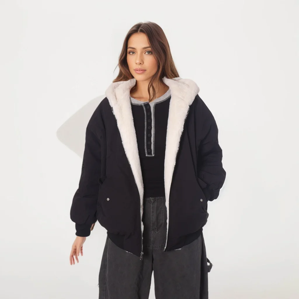 Cryptographic Autumn Winter Faux Fur Collar Solid Hooded Coats for Women Casual Zip Up Hoodies Coats & Jackets Warm Streetwear