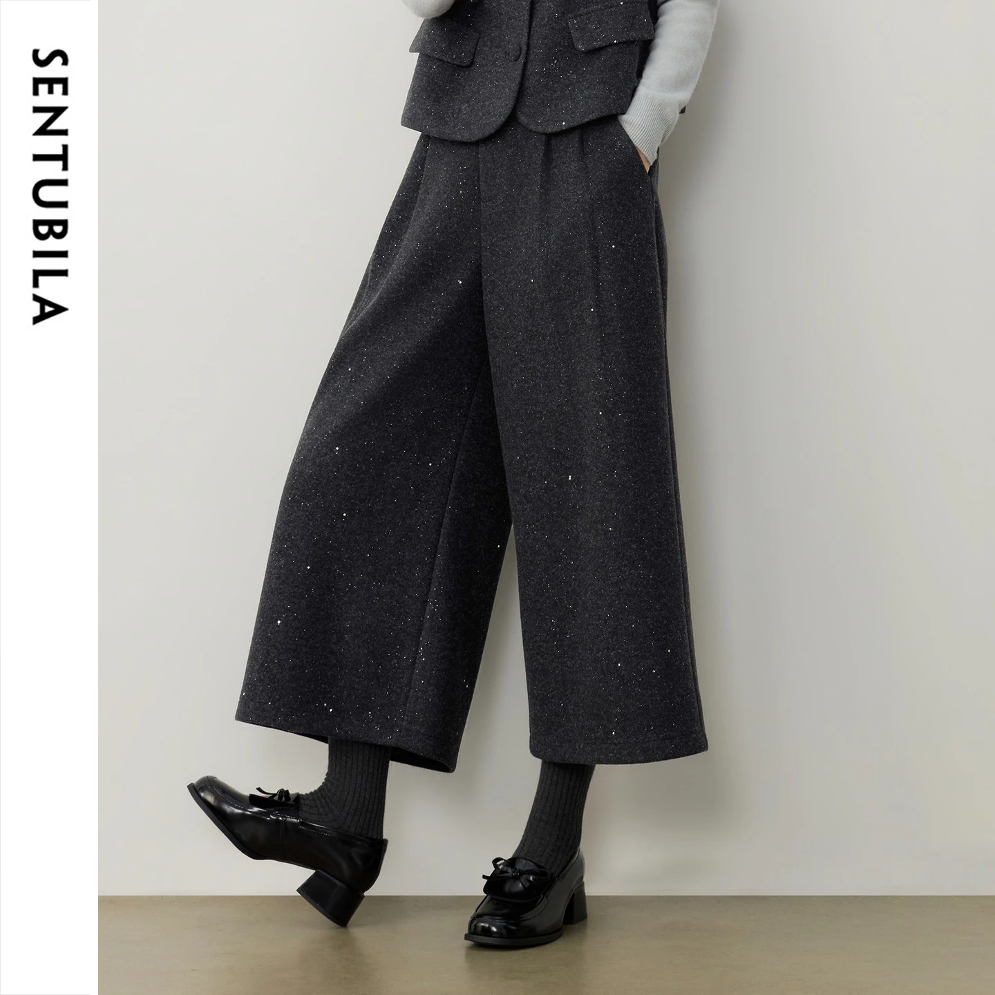 SENTUBILA Women's Wide Leg Pants Winter 2026 Silver Glitter Black Grey Cropped Trousers Warm Commute Female Knit Pants 164KD8956