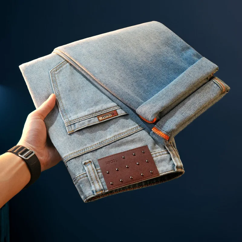 

Светло-голубые джинсы в стиле ретро, мужские прямые свободные и легкие деловые градиентные цвета, трендовые повседневные длинные брюки высокого класса