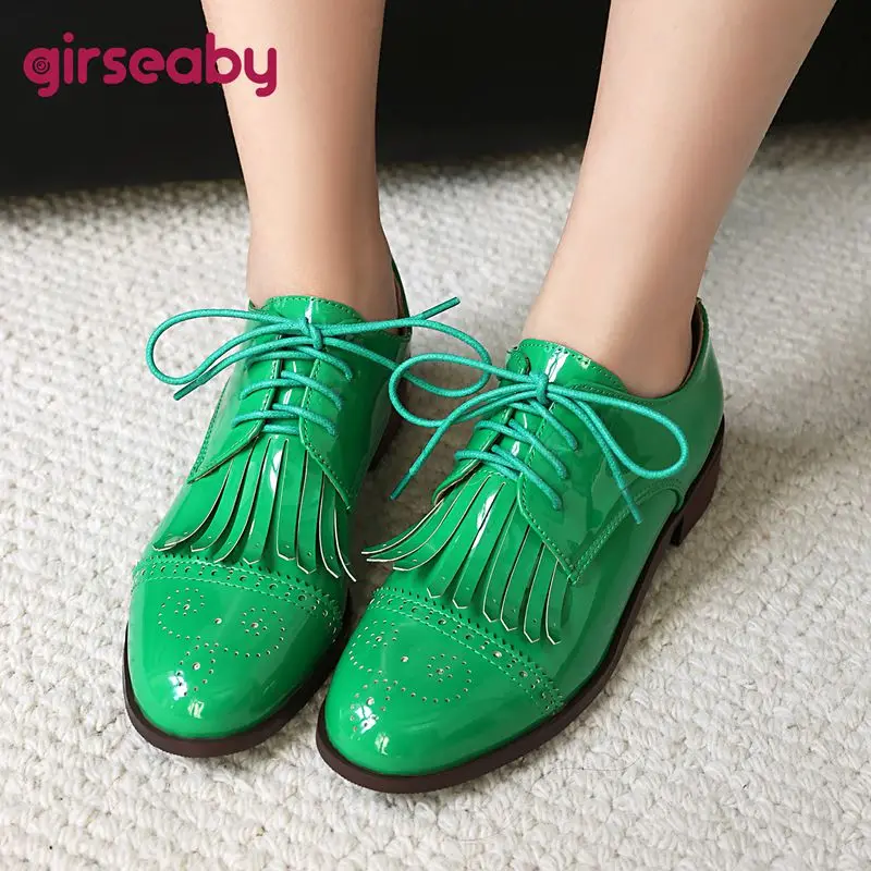 

Girseaby Design Shiny Women Pumps Round Toe Block Heels 3.5cm Lace Up Tassels Plus Size 41 42 43 Fashion Leisure Daily Shoes