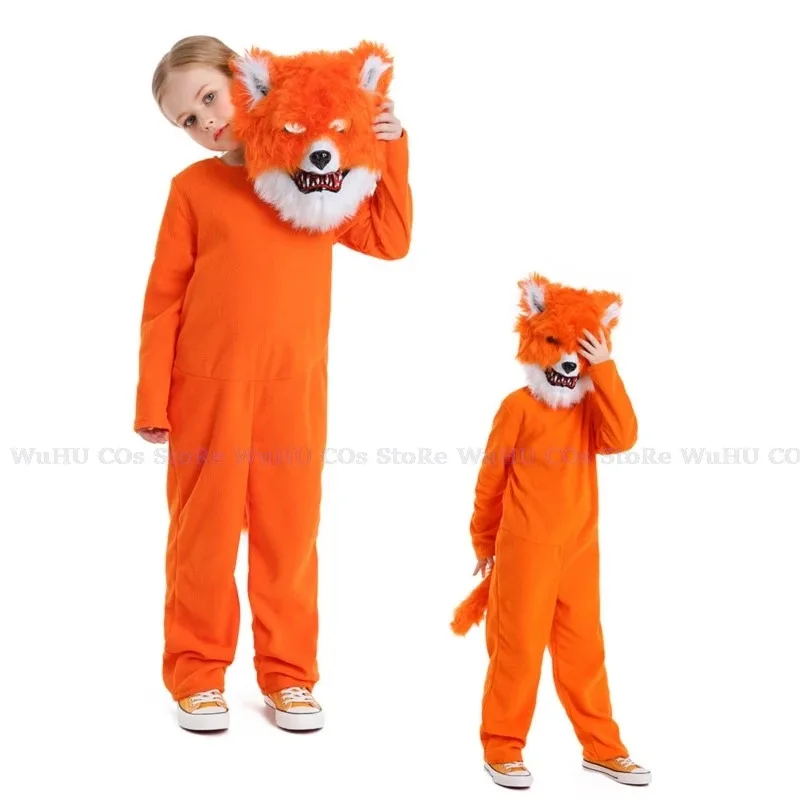 Ss23crianças trajes de festa para animais de pelúcia crianças halloween cosplay laranja macacão desempenho vestido carnaval máscara raposa