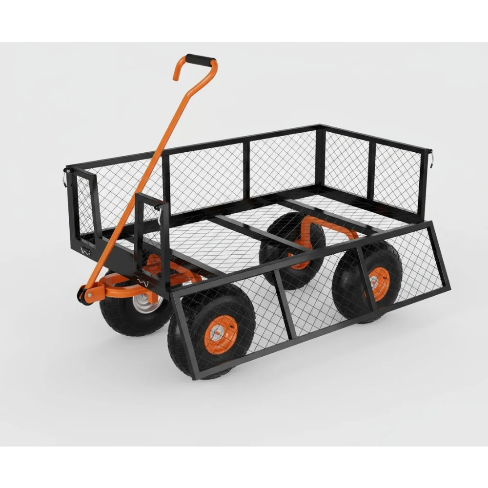 

Heavy Duty Steel Garden Cart 500LB Capacity 3-in-1 Pullable Wagon with 10" Wheels for Soil Tools Transport