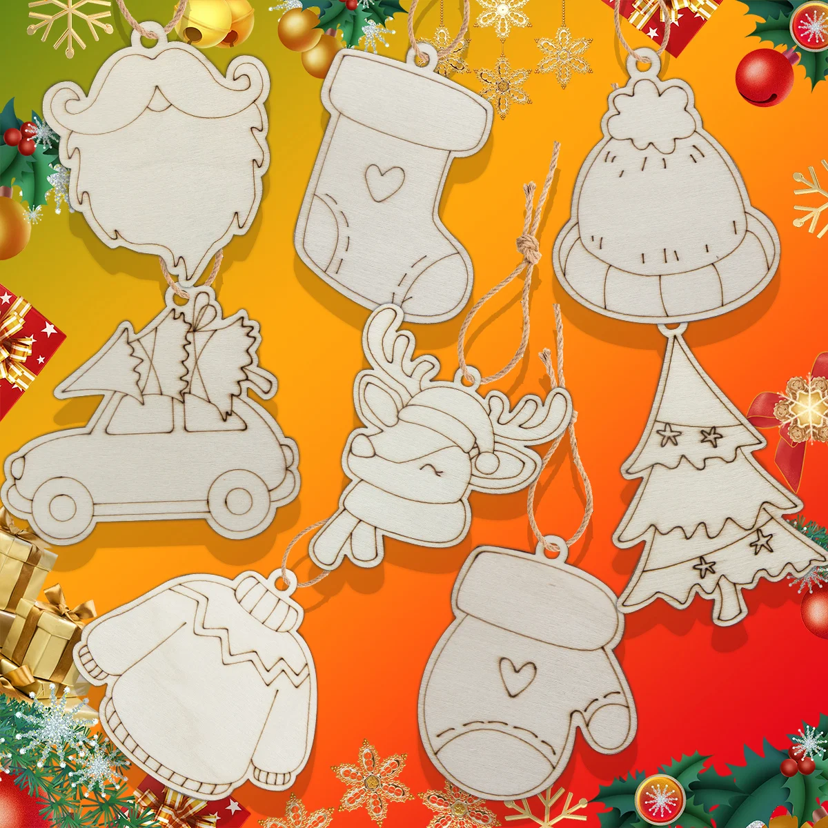 8Pcs Christmas Deer Cart Hat Wooden Ornament Xmas Tree Hanging Pendant For Navidad Party Decor Noel DIY Painting Gifts Supplies