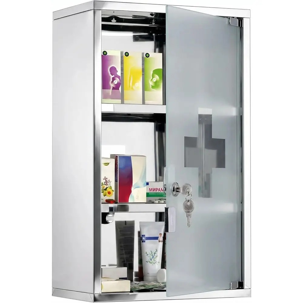 Wall Mounted Medicine Cabinet, Locking Wall Cabinet with 3 Tier Shelves, StainlSteel e and Glass Door, Lockable with 2 Keys, Sil
