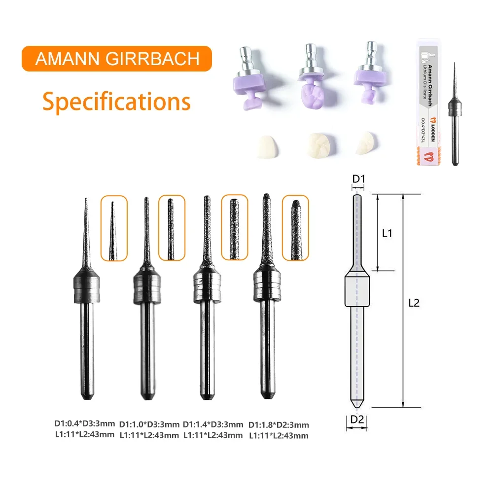 Amann Girrbach Dental Milling Burs for PMMA Glass Ceramics Zirconia Dental Materials D4 DC Coating CAD CAM Cutter Grinding Tools