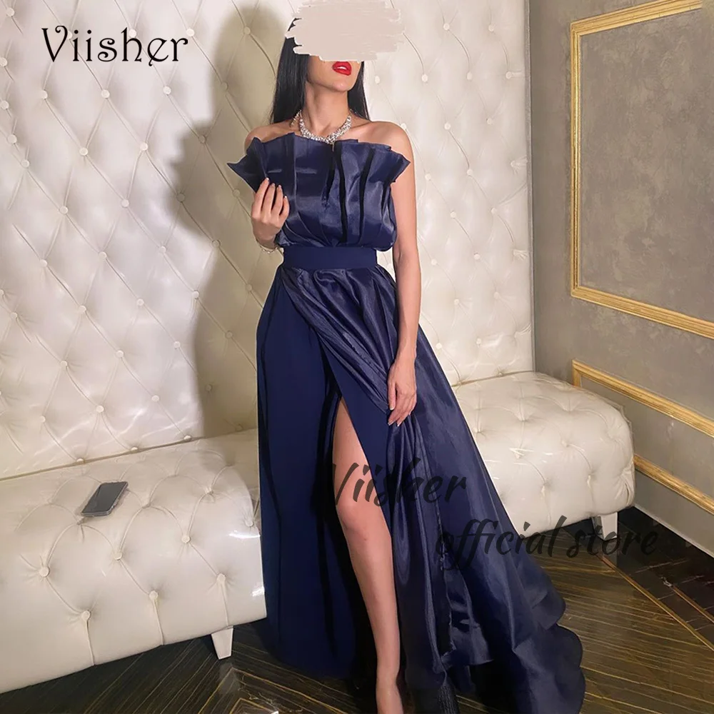 

Viisher Navy Blue Mermaid Evening Dresses Strapless Front Split Long Formal Event Dress Dubai Arabic Prom Party Gowns