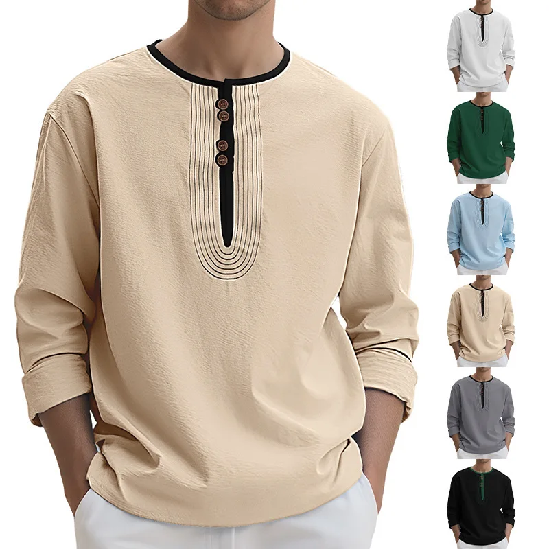 Cross-border Men's Solid Color Linen Loose Casual Sports Long-sleeved Shirt Cw55422
