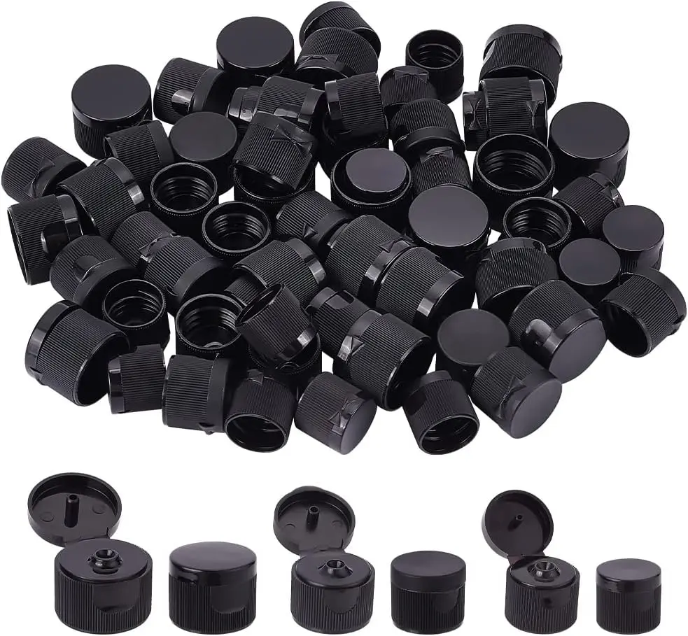 60Pcs 3Size Black Flip Top Caps, Dispensing Ribbed Snap Closures Replacement Caps for Squeeze Bottles Cosmetic Sample Bottles