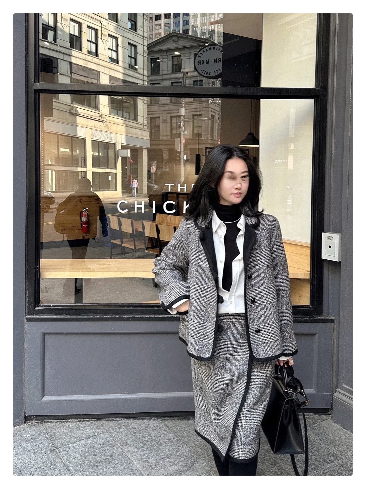 

TIAN Double-Sided Woolen Cheered Bordered Straight Leg Coat And Skirt Set Bla And White Commute Sle Winter Collection