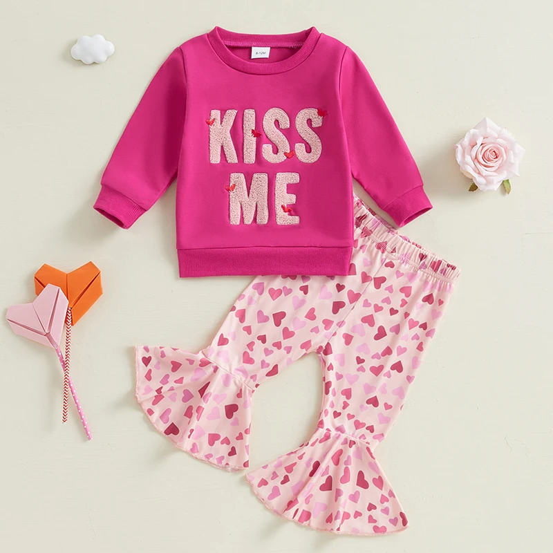 Kid Girls Fashion Clothes Set Toddler Girls Long Sleeve Letters Sweatshirt Heart Print Flare Pants Valentines Day Clothes