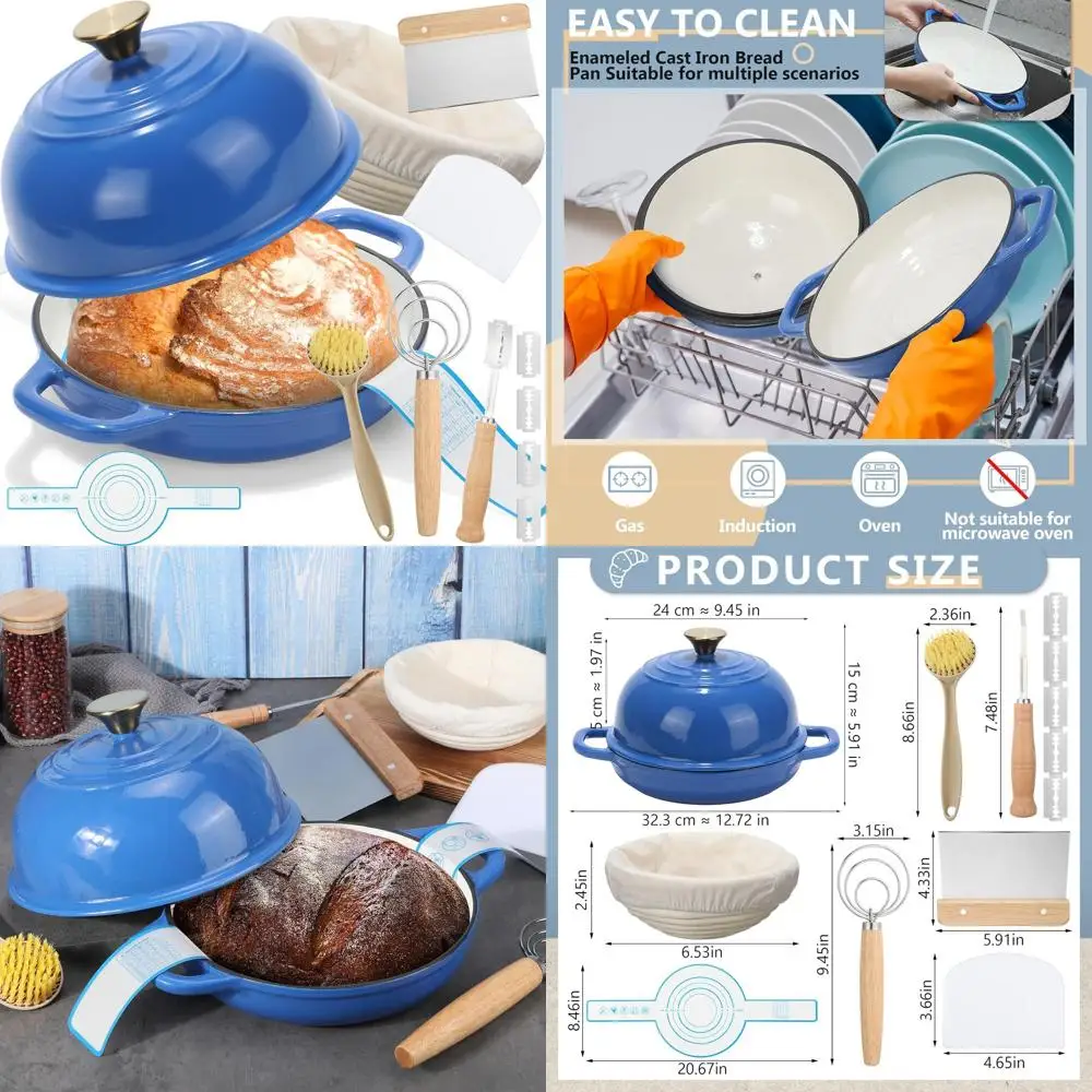 

Эмалированная чугунная голландская духовка с крышкой для выпечки на закваске, 5 литров, синяя, корзина для расстойки хлеба, набор принадлежностей для выпечки для кухни