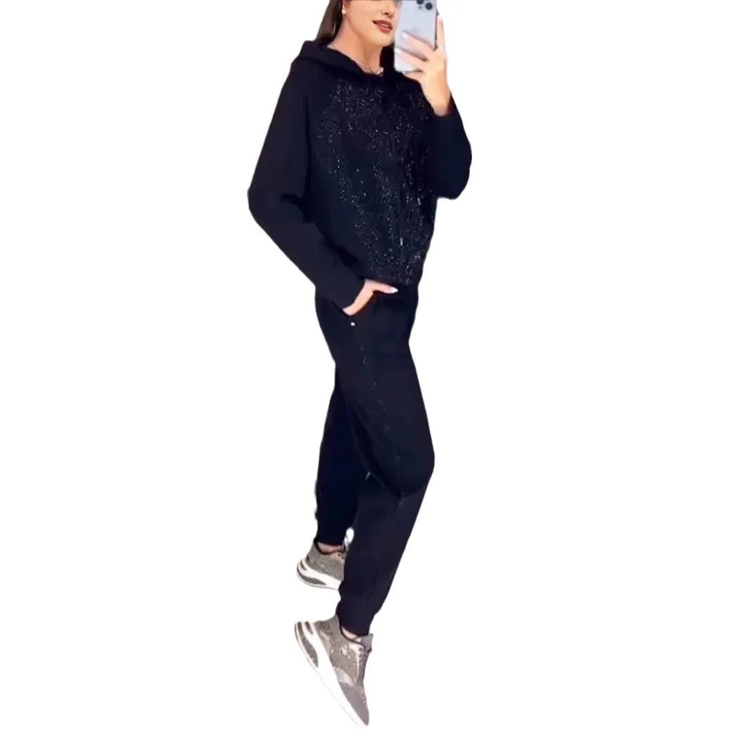 Casual Loose Sequins Patchwoek Sweatshirt Outfits Women Fashion Solid Pencil Pants Sets Spring New Sports Pants Two Piece Sets