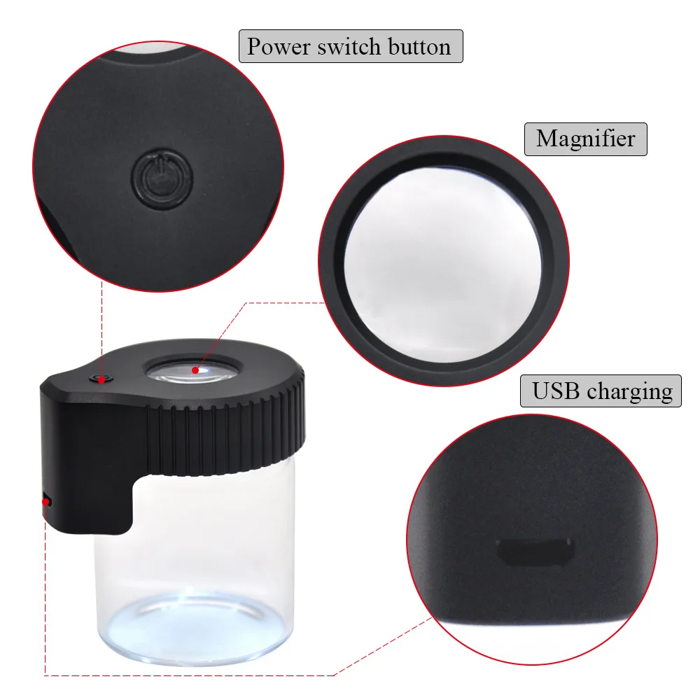 MOONSHADE Magnifier Luminous Dry Herb Storage Jar LED Transparent Glass Storage Spices Tobacco Box Smoking Accessories