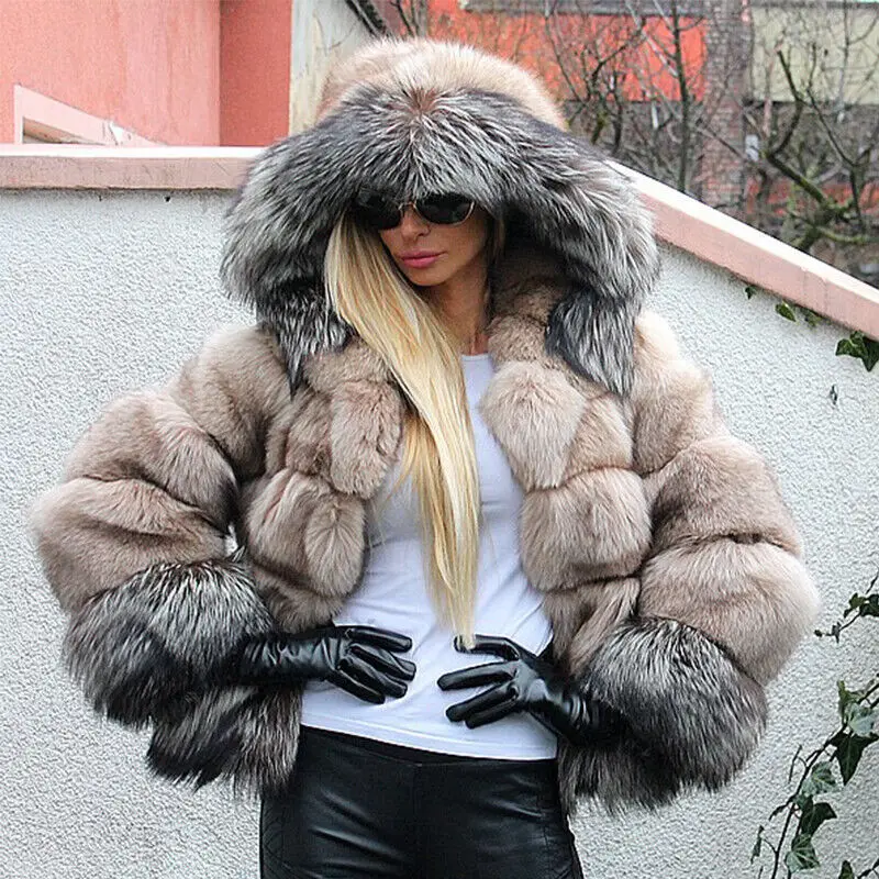 Fashion Real Fox Fur Coats with Hood Genuine Fur Jackets Thick Women Winter Natural Fox Fur Warm Outcoat Female Real Fur Coat