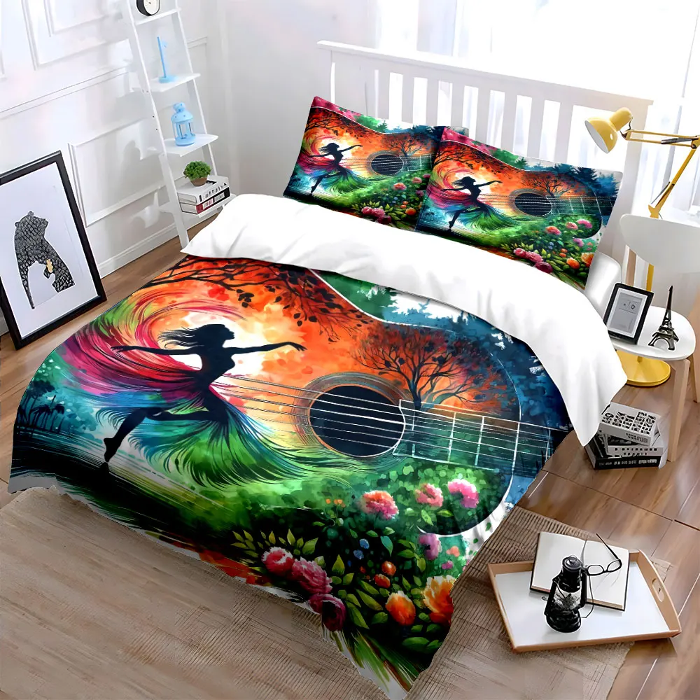 Colorful Art Guitar Set Decor Bedding Set with 1 Duvet Cover 2 Pillowcases Single Double King Queen, Gift