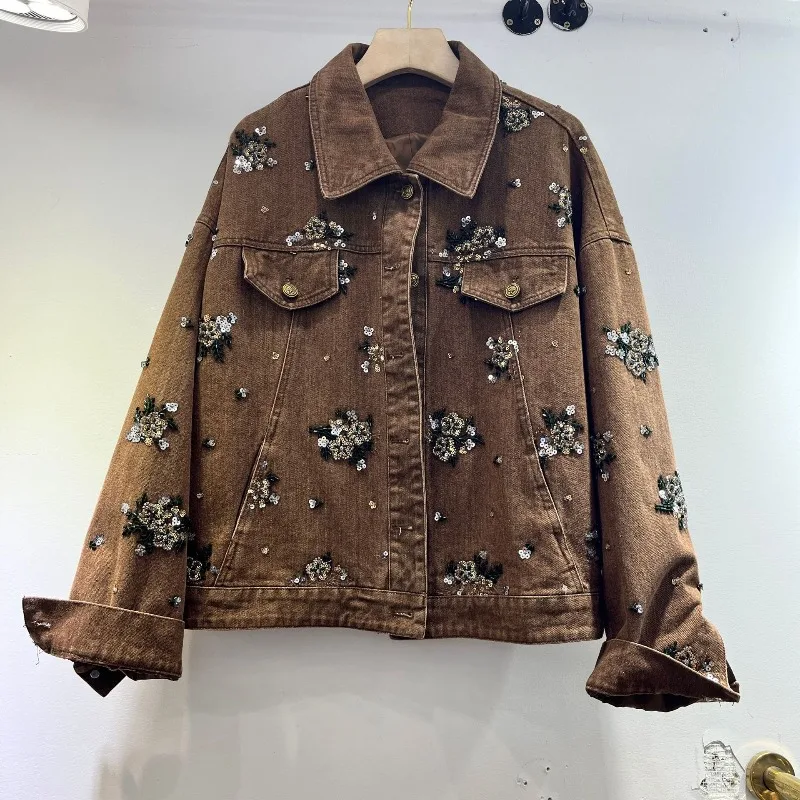 Heavy Industry Sequined Denim Jacket for Women's Fashion 2025 New Loose and Slimming Long Sleeved Jacket Made of Old Materials