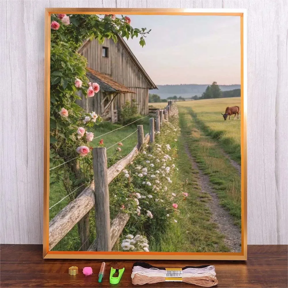 

Hand Embroidery Starter Kit DIY Cross Stitch Set For Beginner Farm Landscape Printed Canvas Starter Kit DMC Threads Cross Stitch