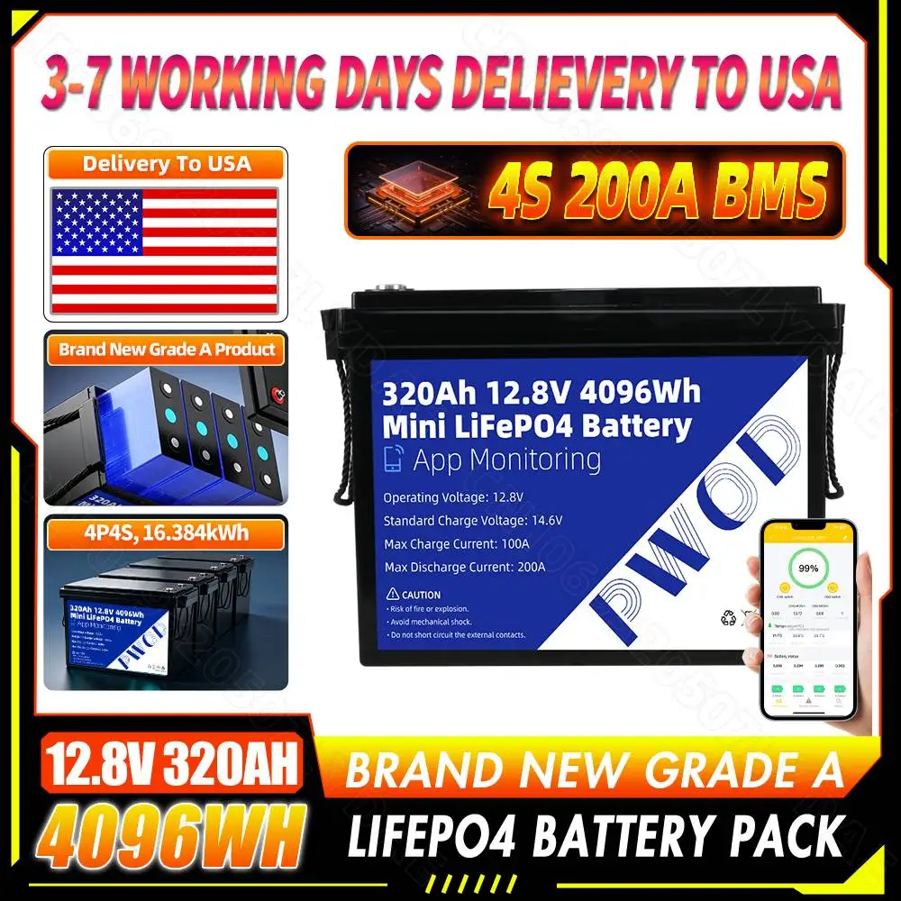 12V 320Ah LiFePO4 Battery Pack 12.8V 4096Wh Built-in 200A BMS Rechargeable 12.8V 4096Wh for Solar RV Marine Boat Off-Grid US Stock