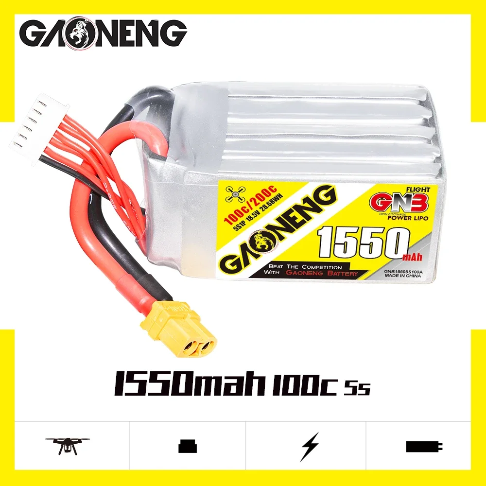 GAONENG GNB 1550mAh 5S 100C 200C 18.5V XT60 LiPo Battery Racing Pilot FPV Airplane Quads QuadCopter HeliCopter