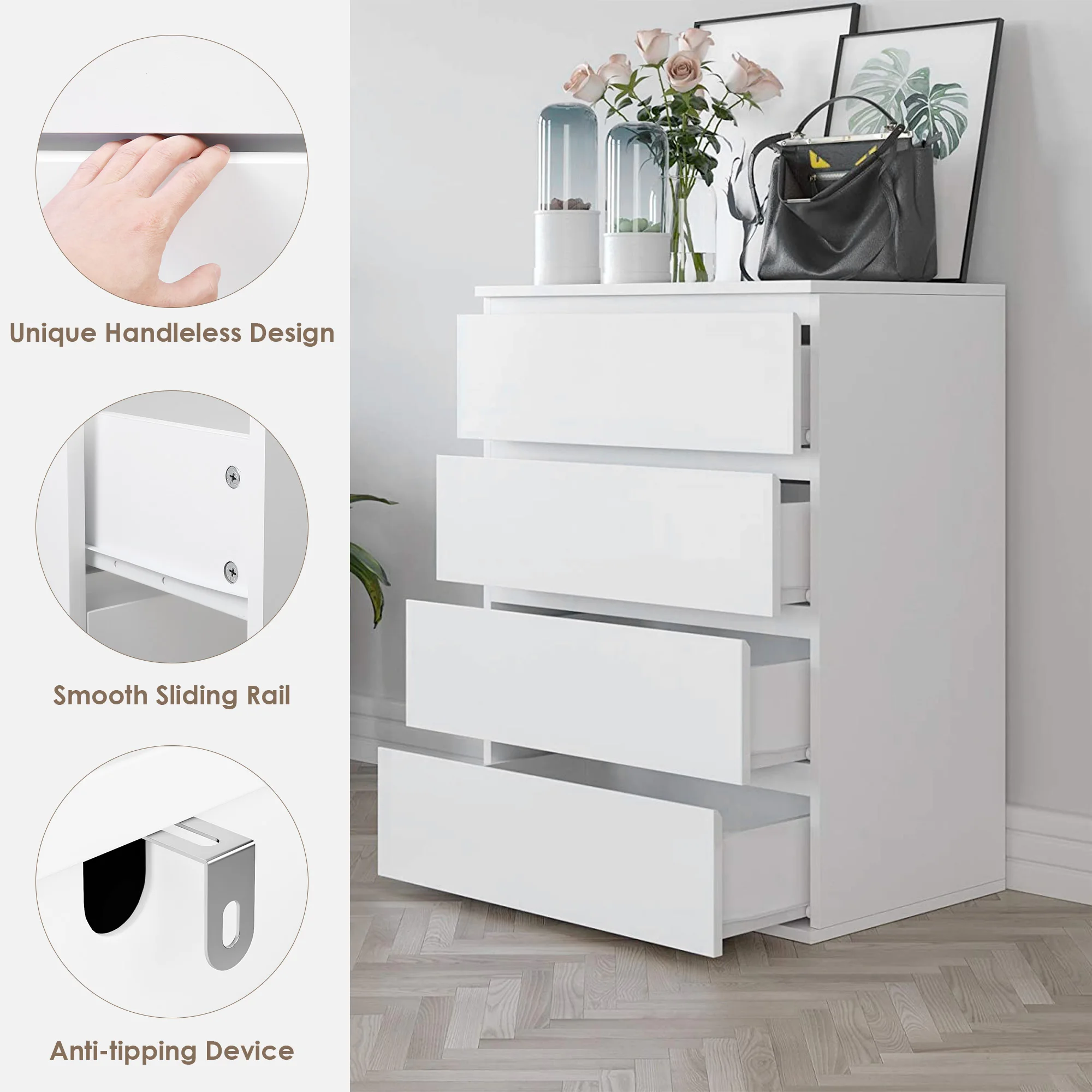 خزانة ذات أدراج من Getone لغرفة النوم، خزانة تخزين بيضاء مع 4 أدراج، أثاث خزانة غرفة النوم لمدخل غرفة المعيشة 60 × 40 × 80 سم