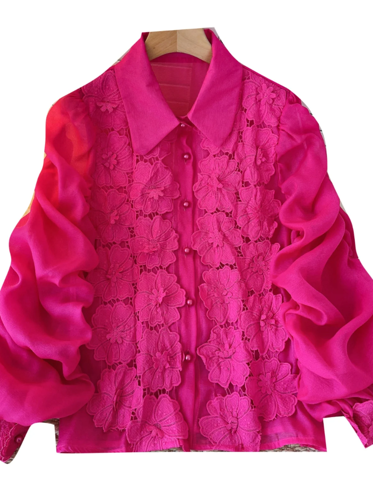 スリム刺繍入りヘビーワークランタンスリーブシャツ レディースファッション 韓国風 ポリエステル繊維 長袖 植物柄