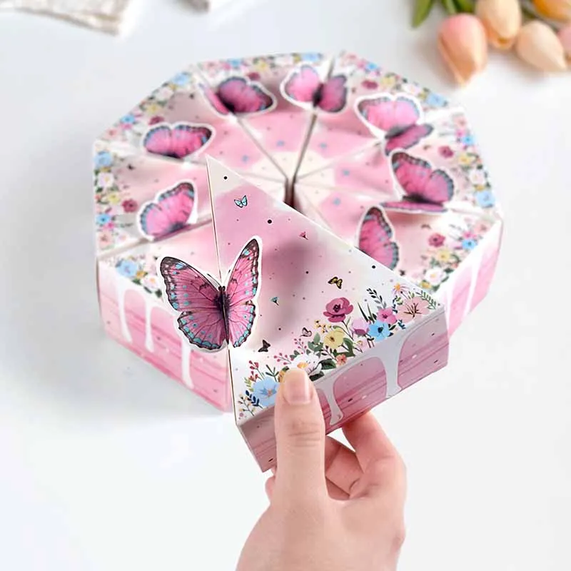 8/16 Stück Dreieckige Kuchen-Schmetterlings-Geschenkbox aus Papier, Keks-, Babyparty-, Süßigkeiten- und Dessertverpackungsbox, Kindergeburtstagsparty-Zubehör – Detail 7