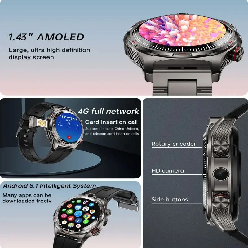 Smartwatch LW12 z kartą SIM 4G, ekranem AMOLED, dwoma kamerami, systemem Android 9.0, pozycjonowaniem GPS, WIFI, aplikacją do pobierania, smartwatch dla mężczyzn.