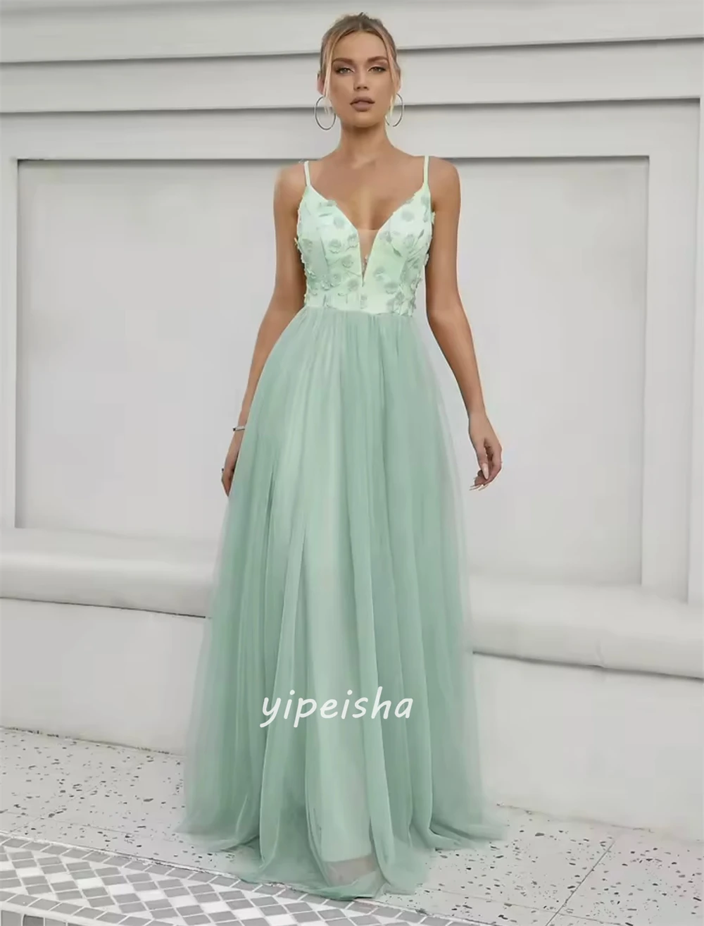 Customized Elegant Fashion Tulle Handmade Flower Ruched Straight Spaghetti strap Long Dresses Bespoke Occasion Dresses Matching