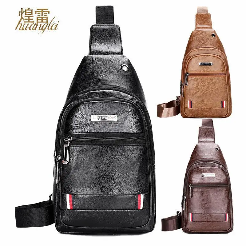 Men's chest bag one shoulder slant across waterproof casual fashion PU leather commercial large capacity chest bag