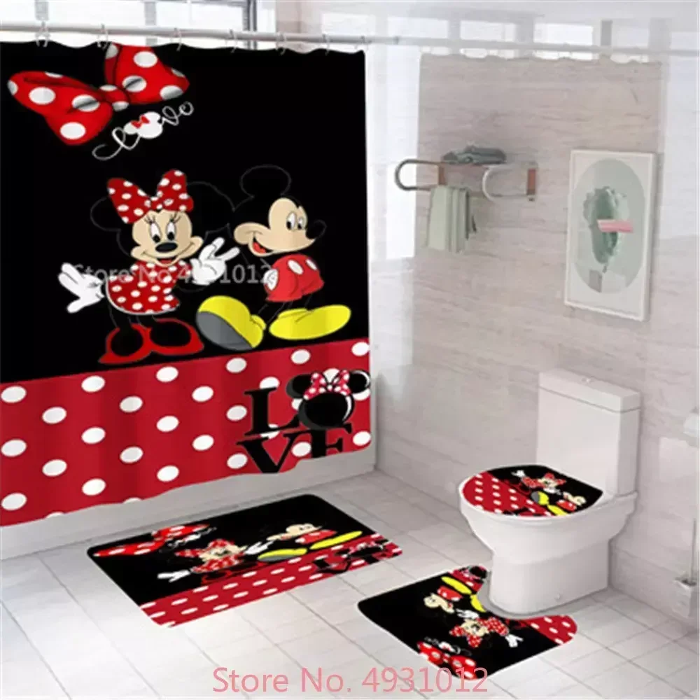 Disney Red Mickey Minnie Mouse Love Bath Shower Curtain Set 4pcs with Hooks Cartoon Decor Bathroom Toilet Mat Lid